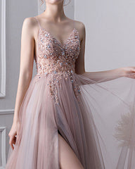 Tulle Prom Dresses Beaded V Neck Leg Slit