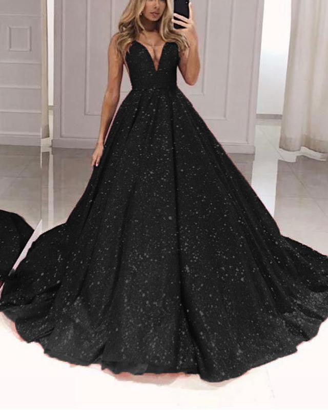 Black Sequin Ball Gown Prom Dresses V Neck Floor Length