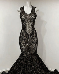 Black Mermaid Sequin Rosette Prom Dresses