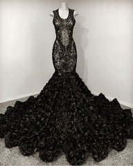 Black Mermaid Sequin Rosette Prom Dresses