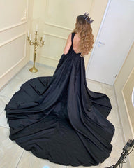 Elegant Beaded V Neck Split Evening Dresses Satin
