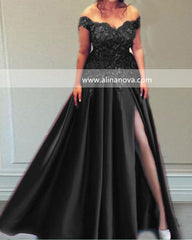 Off The Shoulder Split Satin Prom Dresses With 3D Flowers