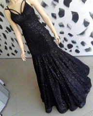 Black Sequin Pattern Prom Dresses Mermaid V-neck