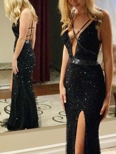 Mermaid Criss-Cross Black Beading Sexy Evening Prom Dress