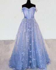 Blue Corset Butterfly Off Shoulder Prom Dress