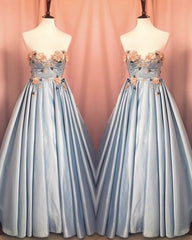 Blue Corset Long Satin Dresses With 3D Flowers