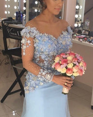 Mermaid Sheer Neck Long Sleeves Flowers Beaded Dresses
