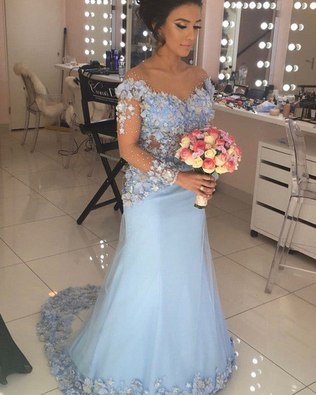 Mermaid Sheer Neck Long Sleeves Flowers Beaded Dresses