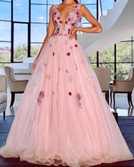 Elegant Tulle V Neck Prom Dresses 3D Flowers