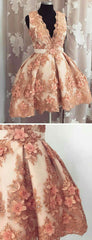 Blush Pink 3D Lace Applique V-neck Gorgeous Homecoming Dresses,BD0194
