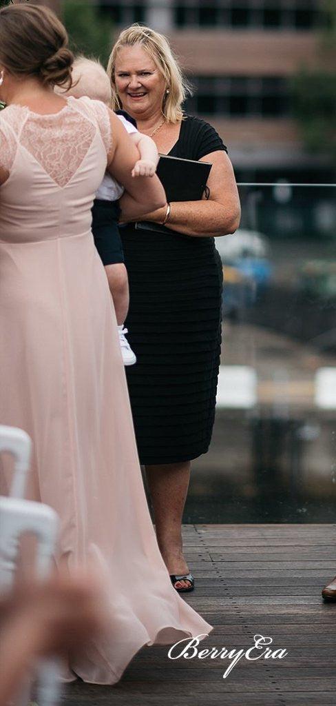 Cap Sleeves A-line Blush Pink Chiffon Lace Long Bridesmaid Dresses - RongMoon