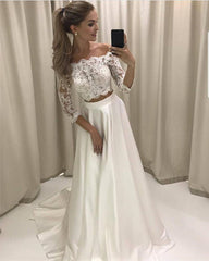 Two Piece Lace Crop Wedding Dress Satin Skirt