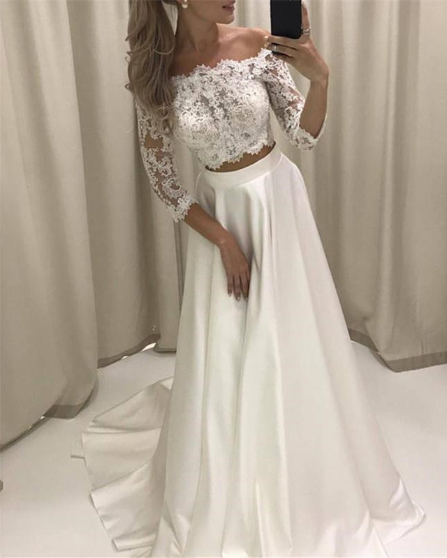 Two Piece Lace Crop Wedding Dress Satin Skirt