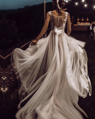 Lace Appliques Tulle Destination Wedding Dresses Bow Back