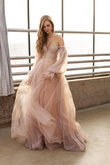 Pink Off The Shoulder Long Sleeve A Line Wedding Dress