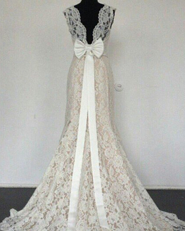 Modest High Neck Lace Mermaid Wedding Dress Bow Back