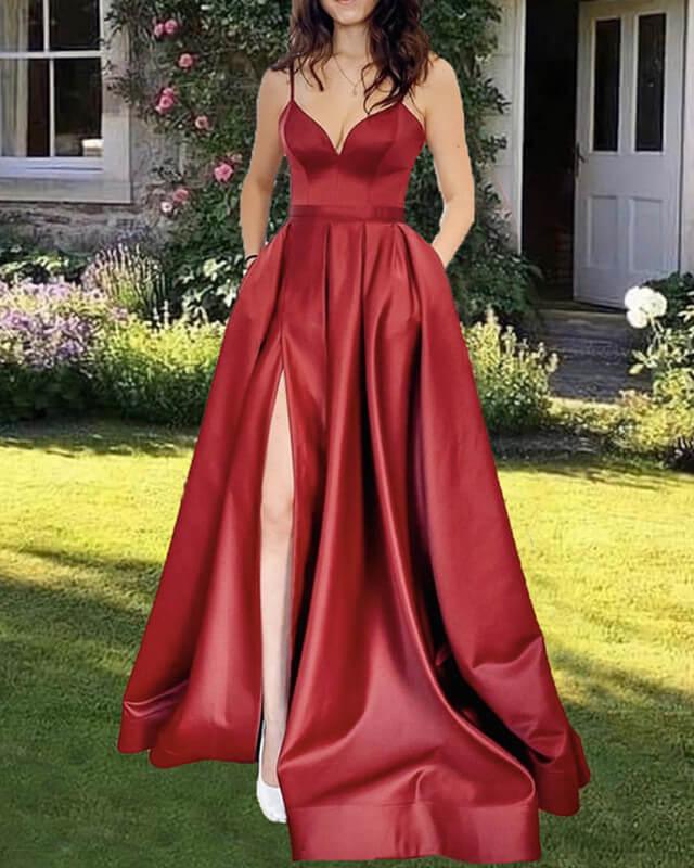 Burgundy Spaghetti Strap Satin Slit Dress - RongMoon