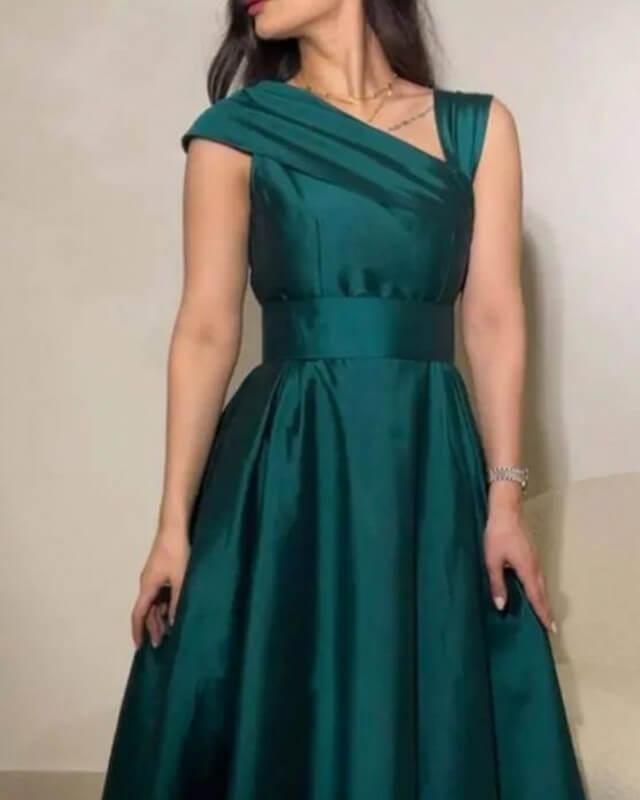 Dark Green Satin A-line Midi Dress - RongMoon