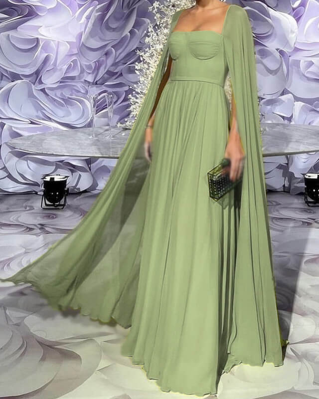 Sage Chiffon Corset Dress With Cape