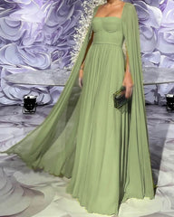 Sage Chiffon Corset Dress With Cape