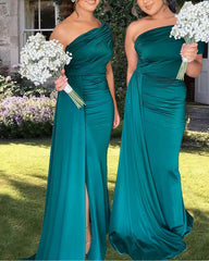 MermaidLight Teal Satin One Shoulder Split Dress
