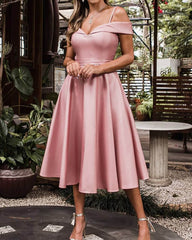 Tea Length Off-the-shoulder Satin Dress
