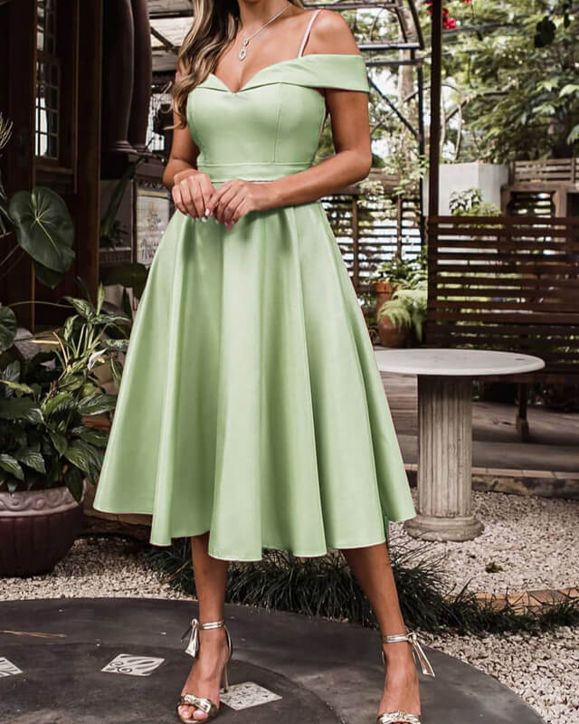 Tea Length Off-the-shoulder Satin Dress