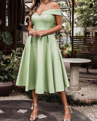Tea Length Off-the-shoulder Satin Dress