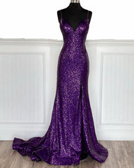 Mermaid Royal Blue Sequin Dresses V-neck Split