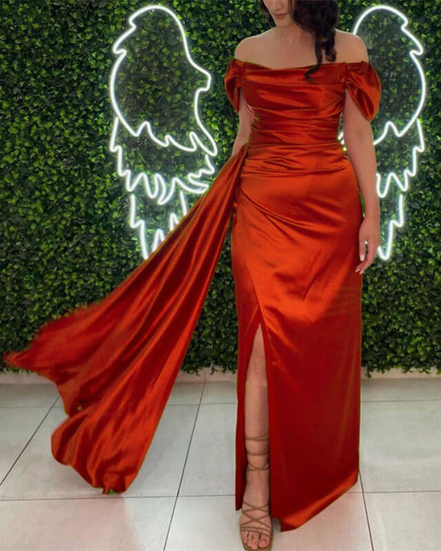 Sey Leg Split Burnt Orange Satin Off The Shoulder Dress