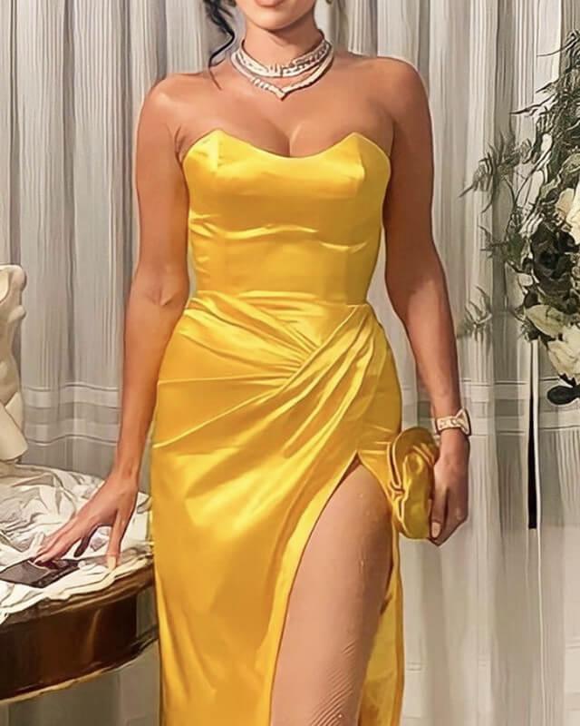 Golden Strapless Slit Satin Dress - RongMoon