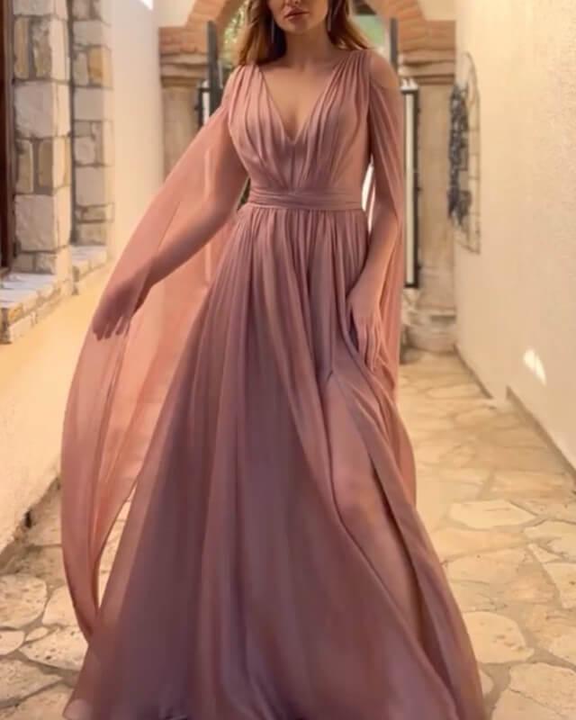 Dusty Rose Chiffon Cape Sleeve Dress - RongMoon