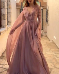 Dusty Rose Chiffon Cape Sleeve Dress - RongMoon