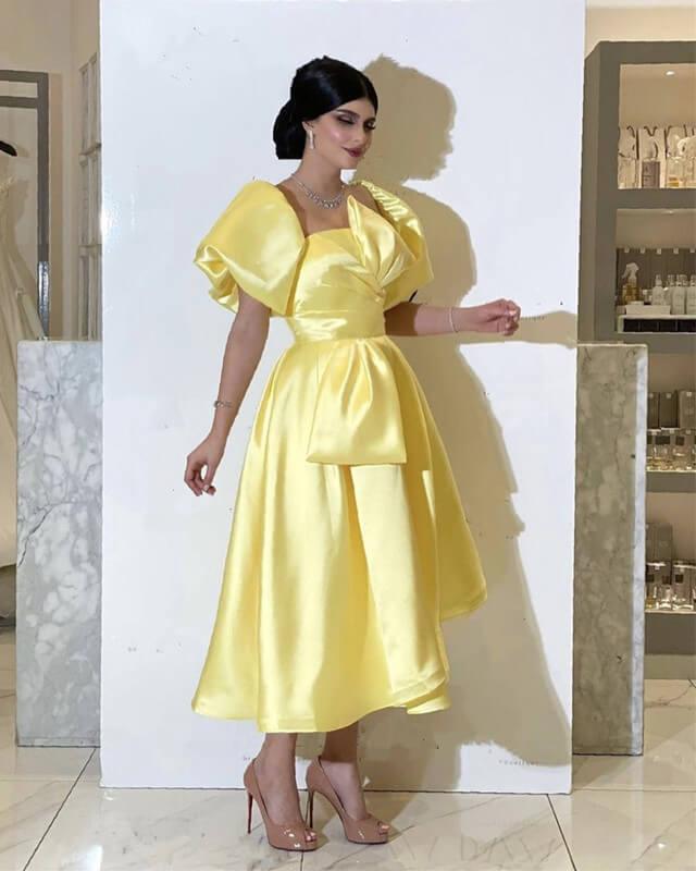 Yellow Puffy Sleeve Midi Satin Dress - RongMoon
