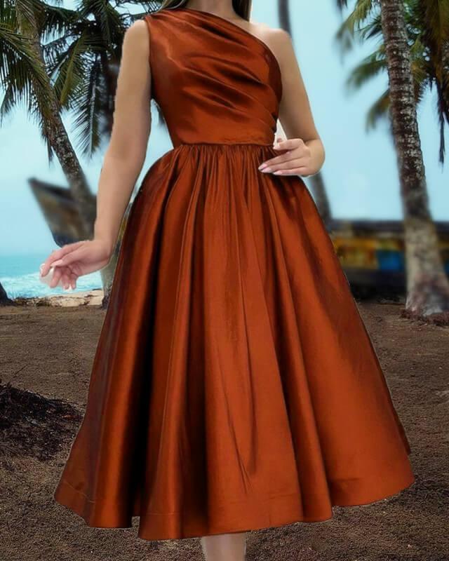 Burnt Orange One Shoulder Tea Length Satin Dress - RongMoon
