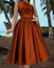 Burnt Orange One Shoulder Tea Length Satin Dress - RongMoon