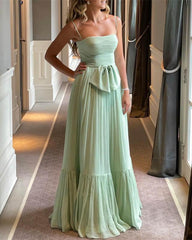 Light Sage Tiered Tulle Strapless Dress - RongMoon