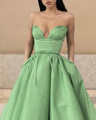 Sage Satin Strapless Midi Ball Gown Dress - RongMoon