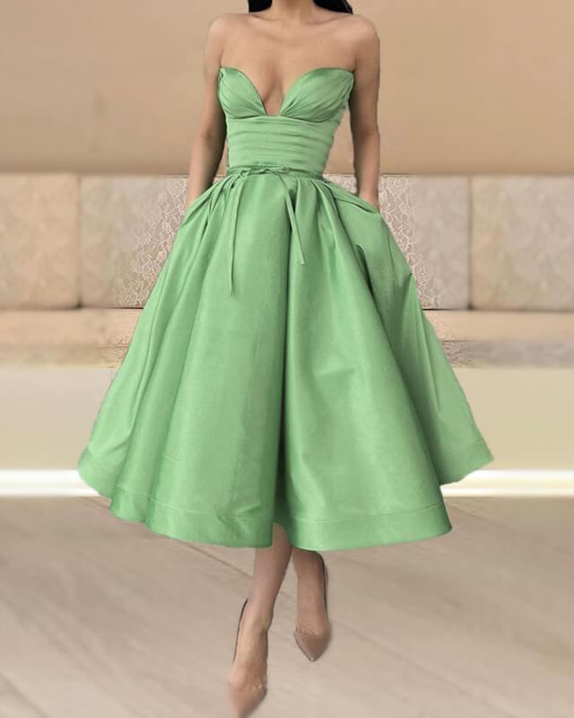 Sage Satin Strapless Midi Ball Gown Dress - RongMoon