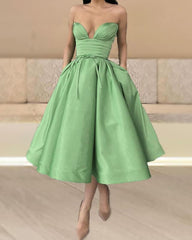 Sage Satin Strapless Midi Ball Gown Dress - RongMoon