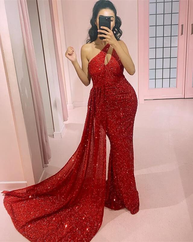 Red Sequin Beaded One Shoulder Dress - RongMoon