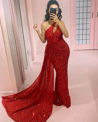 Red Sequin Beaded One Shoulder Dress - RongMoon