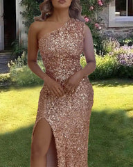 Rose Gold Sequin One Shoulder Dress - RongMoon