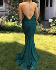 Mermaid Green Cowl Neck Open Back Satin Dress - RongMoon