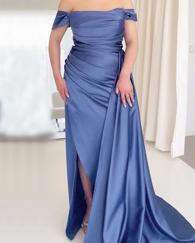 Mermaid Ruched Satin Off-the-shoulder dress with slit