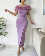 Midi Sheath Bridesmaid Dresses With Feathers