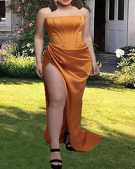 Plus Size Burnt Orange Satin Slit Dress