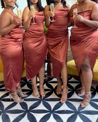 Burnt Orange Satin Sheath Cowl Neck Dress