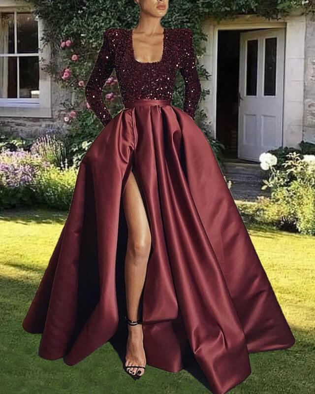 Burgundy Sequin Long Sleeve Satin Bridesmaid Dresses With Slit - RongMoon