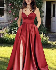 Burgundy Spaghetti Strap Satin Slit Dress - RongMoon